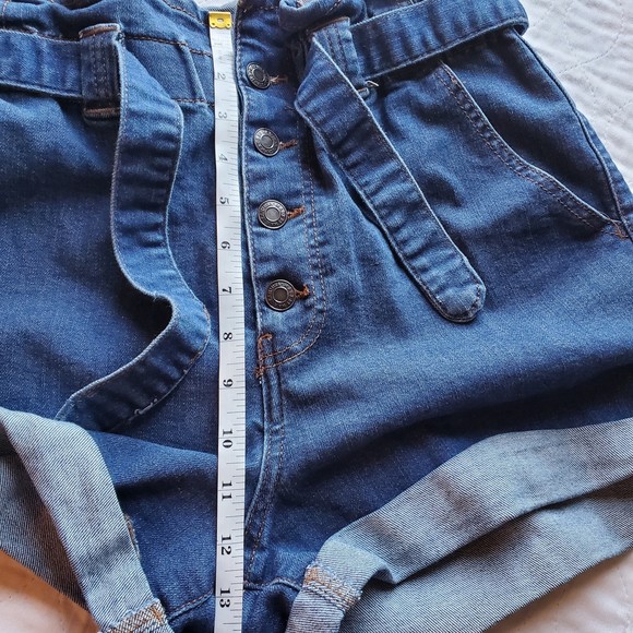 Women's High Waisted size M paperbag elastic with tie waist Denim jeans Shorts - Picture 9 of 11